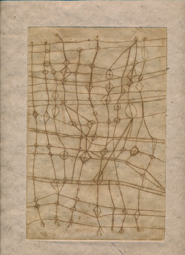 drypoint print of a lattice of lines and nodes