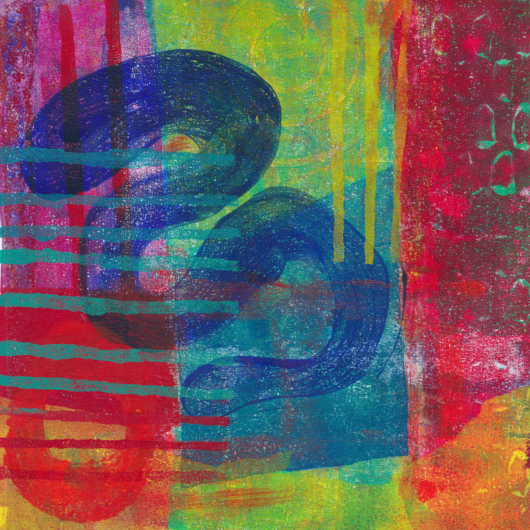 abstract monotype print inspired by Bert Irvin - red, green blue