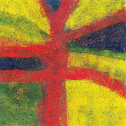 monotype print in red, yellow and green derived from the concept of a flag