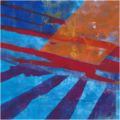 abstract monotype print blue, red and orange inspired by science fiction