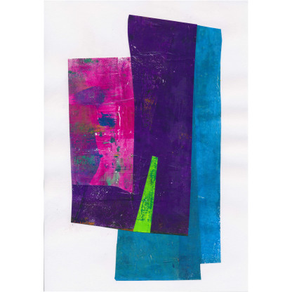abstract collage in purples, blue and green highlight