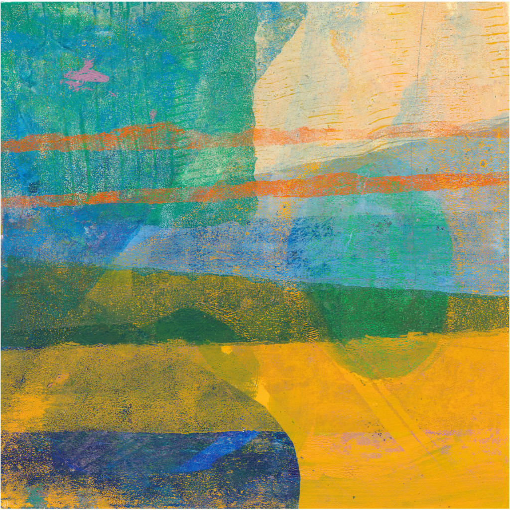 Monotype print, acryic on paper, in yellows, greens and blues.