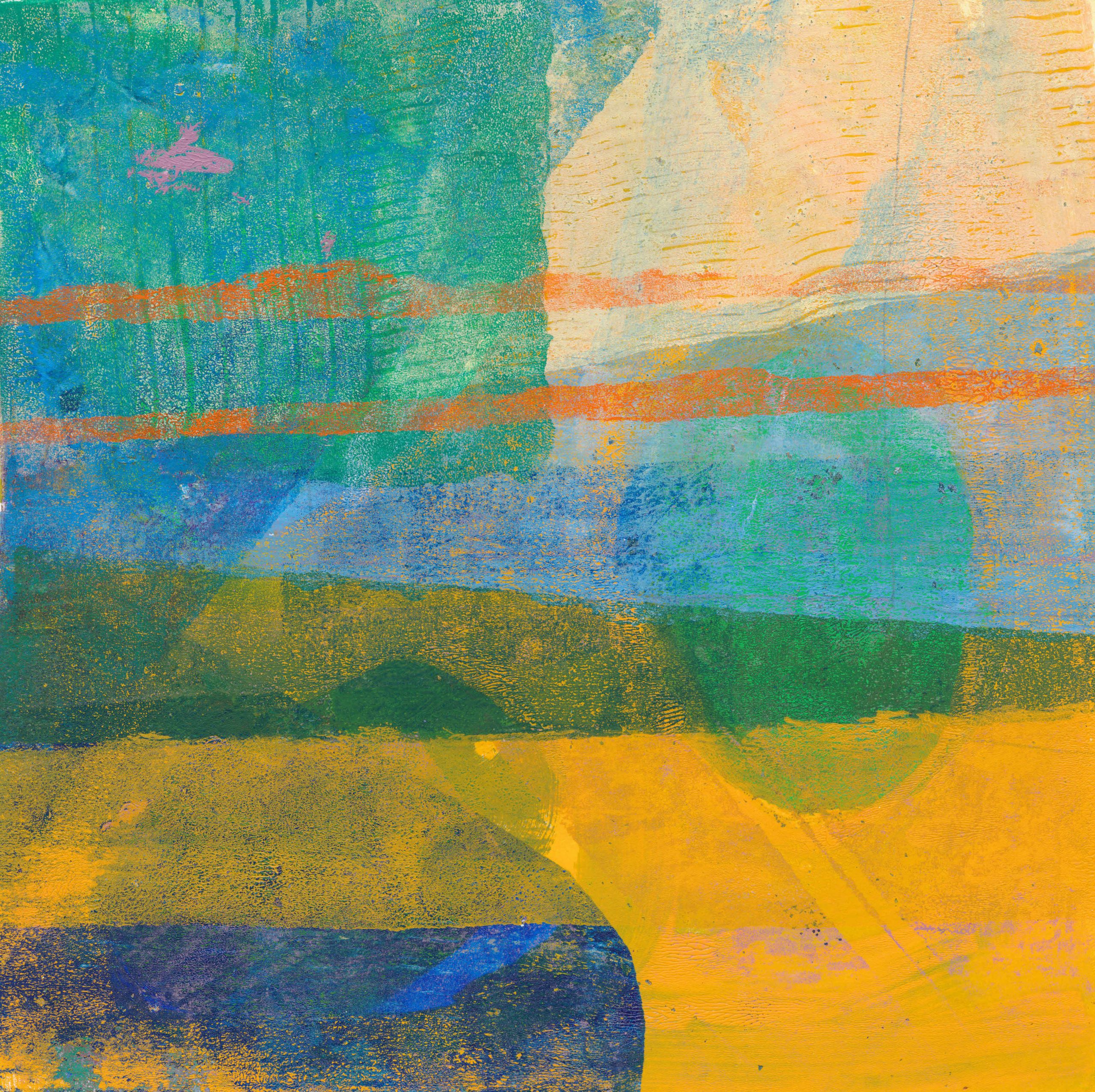 Monotype print, acryic on paper, in yellows, greens and blues.