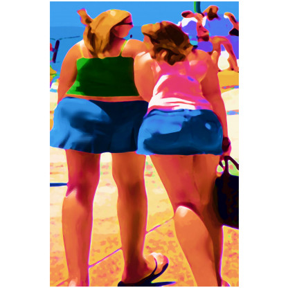 rear view image of two girls at the seaside in bright candy colours