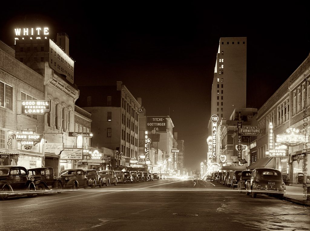 Monochrome photo of Dallas at night 1942