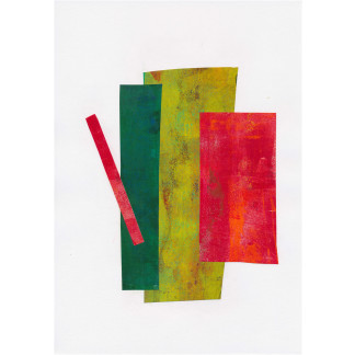 Collage with simple blocks of coloured paper in green red and yellow-green