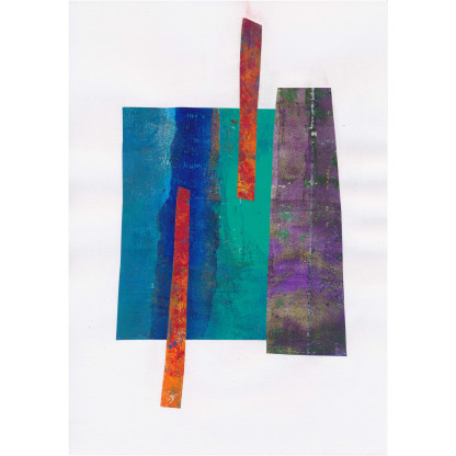 Collage with simple blocks of coloured paper in blue-green and purple with two red stripes, asymetrically placed