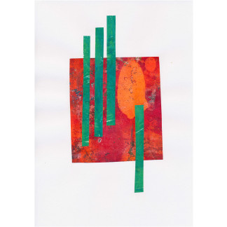 Abstract collage with block of red and orange overlain with green strips asymmetrically arranged