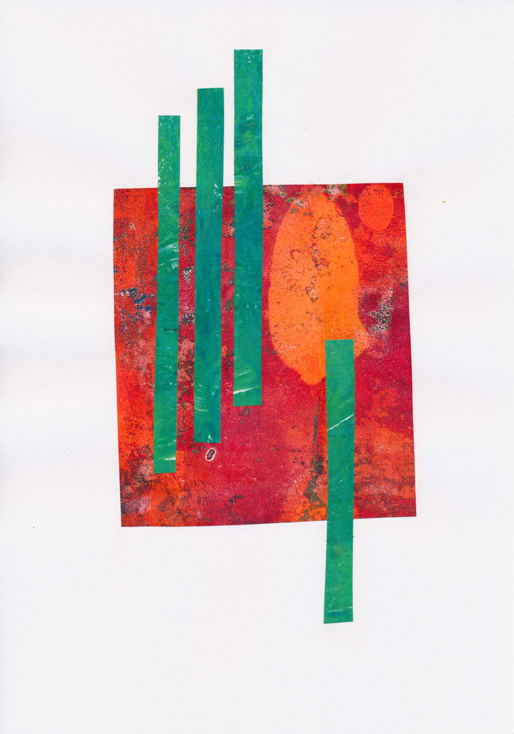Abstract collage with block of red and orange overlain with green strips asymmetrically arranged