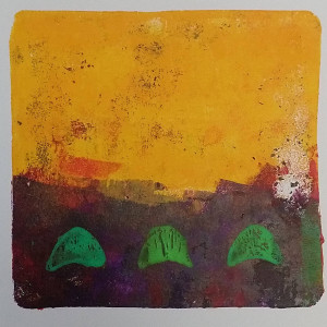 Monotype gel print with a large block of orange yellow at the top and narrow irregular purple band at the bottom. The purple band has three delta shapes in different greens over the top