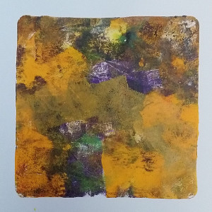 Monotype gel print, broken purple background, largely overlaid by an amorphous semi-transparent block of yellow.