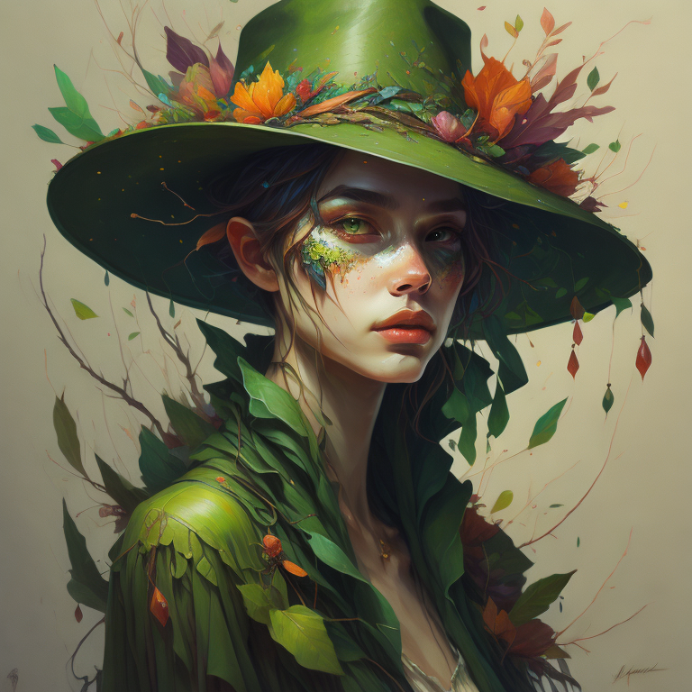ai generated portrait of a woman in green with a green, broad-brimmed hat, with flowers