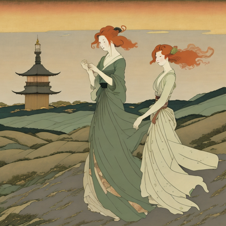 AI generated image, Japanese art style showing two women walking with a tower on the horizon.