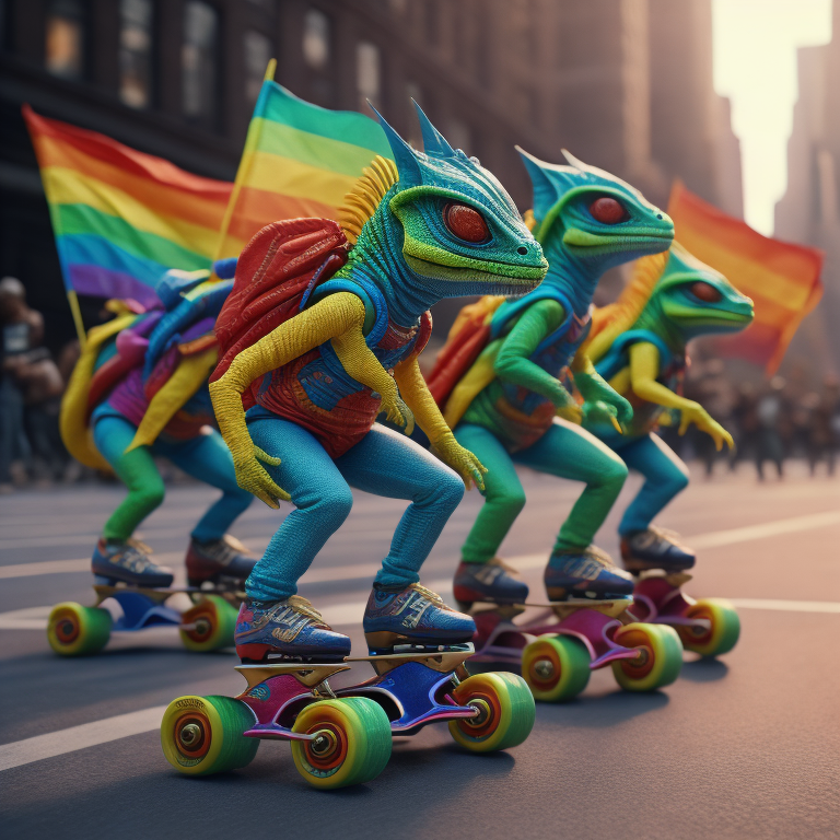 Alien lizards roller skating in a Pride march with Pride flags